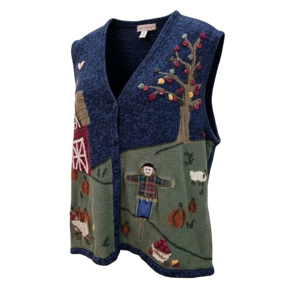 VTG C.J. Banks Harvest Scene Sweater Vest 2X Hand Embroidered Scarecrow Barn...